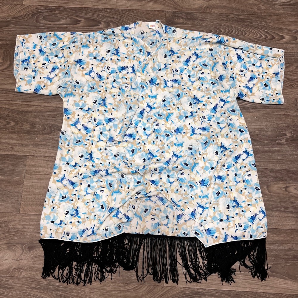 LulaRoe Kimono Duster Floral Print Fringe‎ Trim Blue White Large